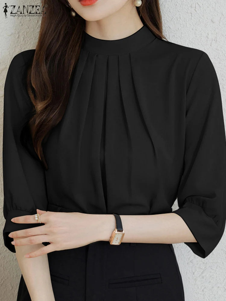 ZANZEA Fashion Stand Collar Blouse Woman 3/4 Sleeve Solid Color Tunic Tops Female Casual Loose Shirt Elegant Party Blusas Mujer