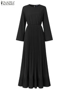 2025 ZANZEA Elegant Women Autumn Long Sleeve Solid Pleated Sundress Muslim Hijab Dresses Turkey Abaya Party Vestidos Robe Femme