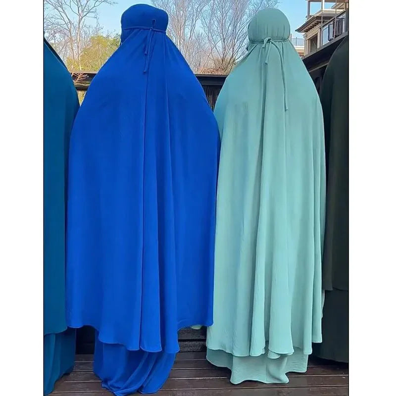 2PCS Muslim Women Modest Prayer Dress Eid Khimar Djellaba Abaya Overhead Burqa Robe Dubai Turkish Robe Kaftan Islamic Clothing