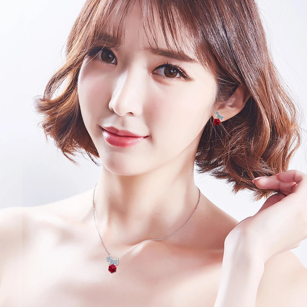 Cute Dog Woman Jewellery Set with Red Austrian Crystals Puppy Pendant Necklace Stud Earrings for Women Animal Accessories Gifts