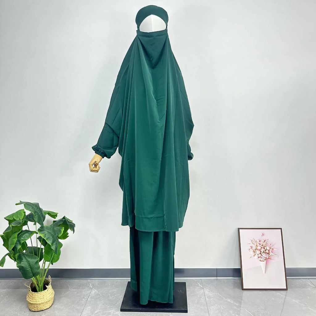2PCS Women Eid Hooded Muslim Hijab Dress Set Prayer Garment Robes Abaya Khimar Full Cover Ramadan Gown Abayas Islamic Clothing