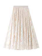 Spring Summer Women Lace Skirts Solid High Waist Elastic Vintage Elegant Office Ladies White Black Chic Long Skirts Jupe Longue