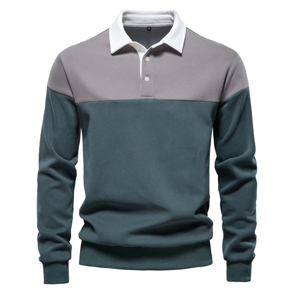 2025 New Arrival Long-Sleeve Polo-Collar Sweatshirt for Men, High-Quality Patchwork Casual Top