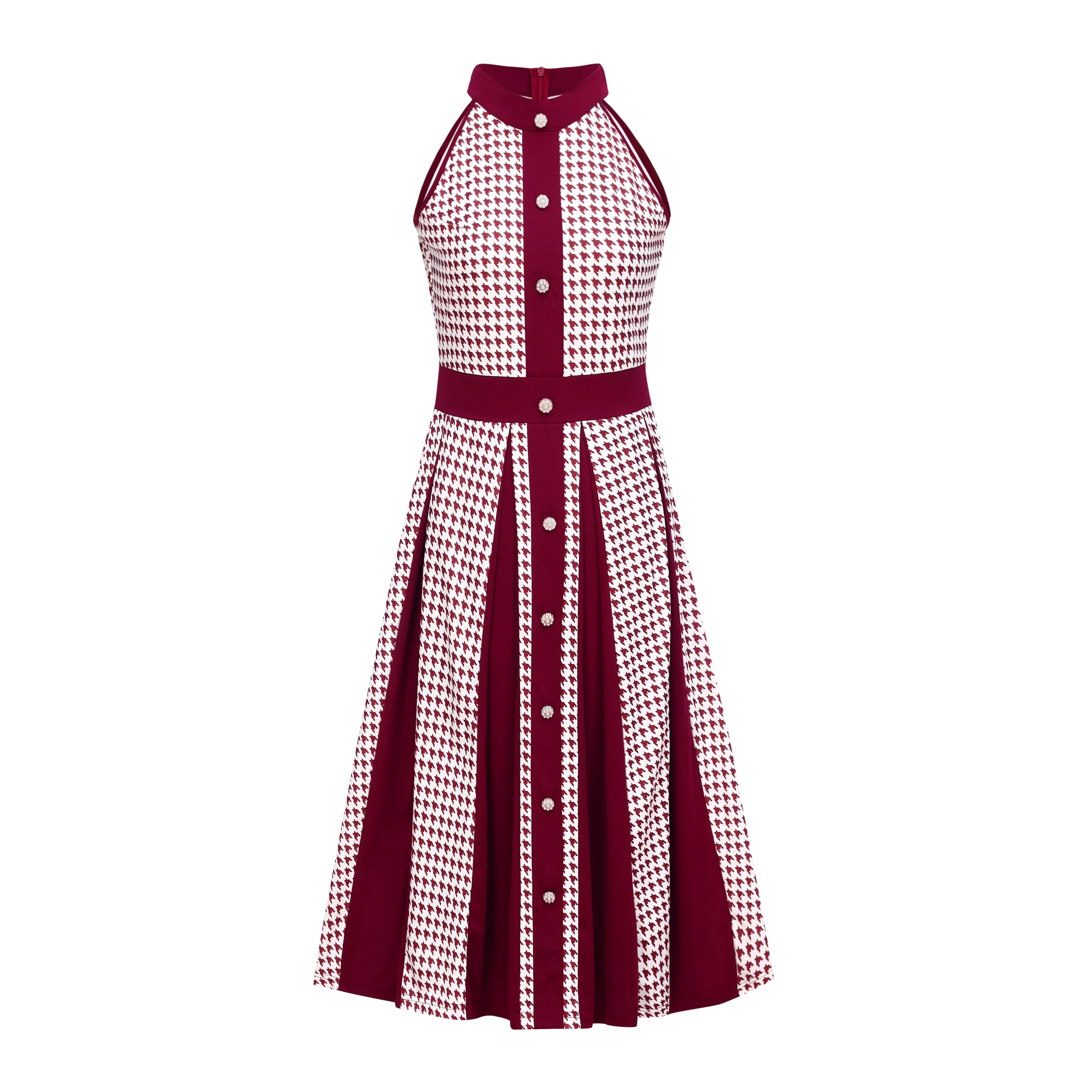 2025 Fashion Stretch Retro Elegant Dress Houndstooth Neck Sleeveless Waisted Single-breasted Large Swing Mid-length Dress