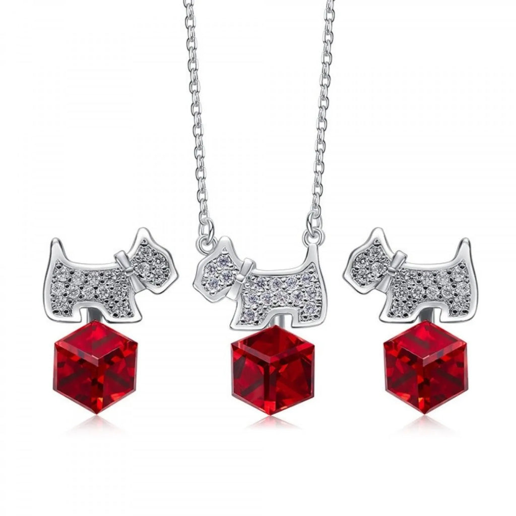 Cute Dog Woman Jewellery Set with Red Austrian Crystals Puppy Pendant Necklace Stud Earrings for Women Animal Accessories Gifts