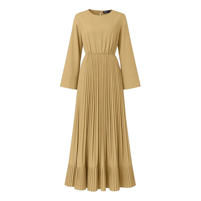 2025 ZANZEA Elegant Women Autumn Long Sleeve Solid Pleated Sundress Muslim Hijab Dresses Turkey Abaya Party Vestidos Robe Femme