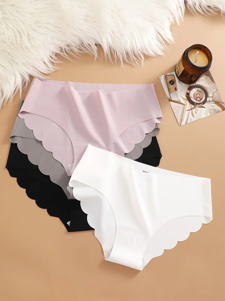 7PCS/Set Ice Silk Seamless Panties Women's Briefs Solid Color Elastic Underwear Female Ultra Thin No Trace Wavy Side Panties