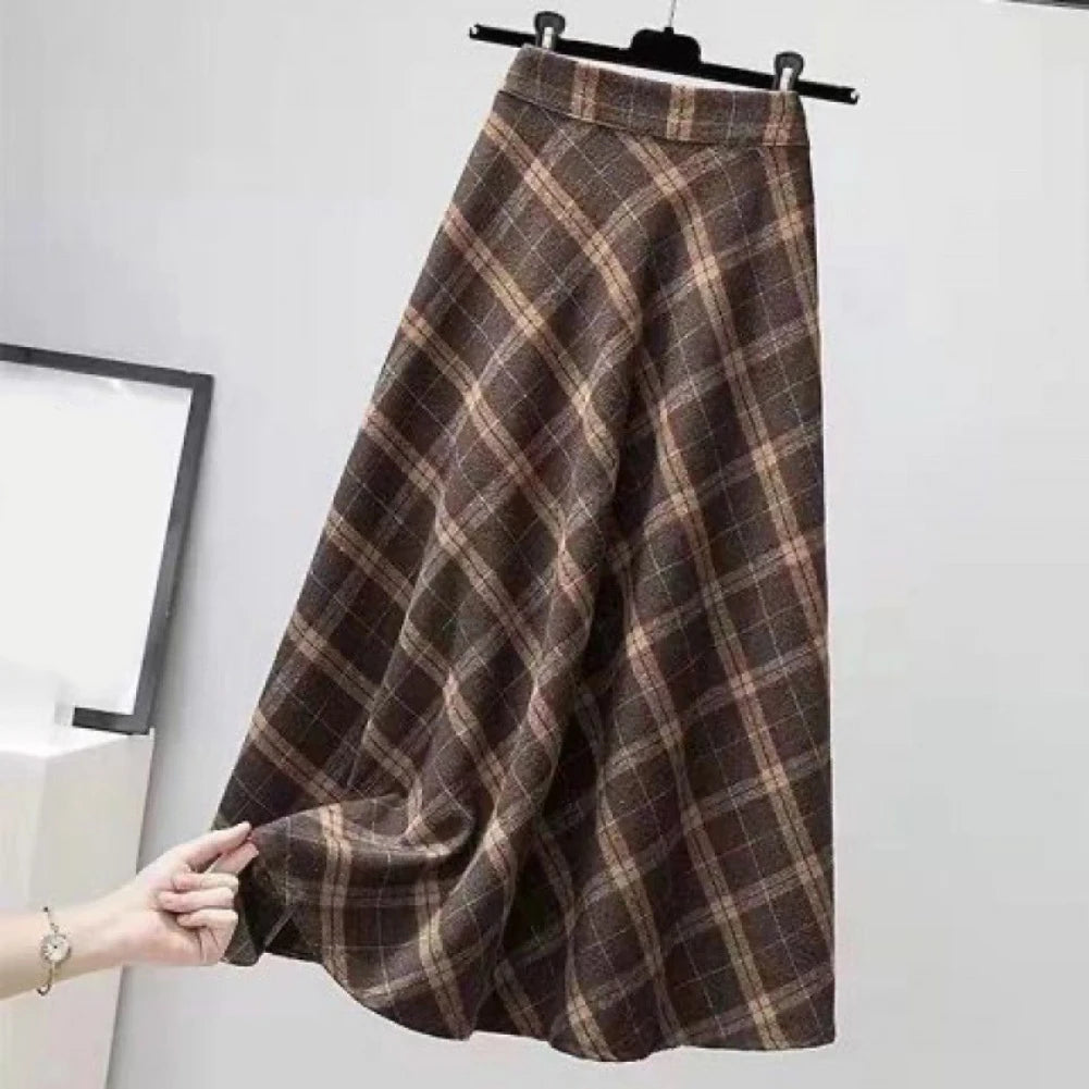 Women's Plaid Skirt Vintage A-line Large Swing Skirt High-Waisted Long Skirt