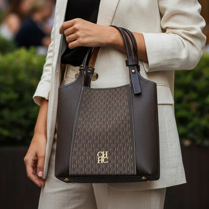 CH Light Luxury Maillard Tone Monogram Print Women's Tote Bag - Large-Capacity Multifunctional Stylish Handbag