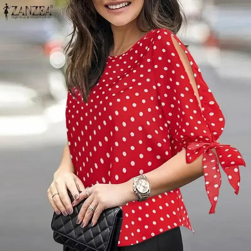 ZANZEA Woman Casual Polka Dots Printed Blouse Fashion Holiday Shirt Half Sleeve O-Neck Tunic Tops Elegant Party Chemise Oversize
