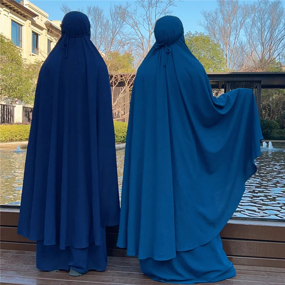 2PCS Muslim Women Modest Prayer Dress Eid Khimar Djellaba Abaya Overhead Burqa Robe Dubai Turkish Robe Kaftan Islamic Clothing