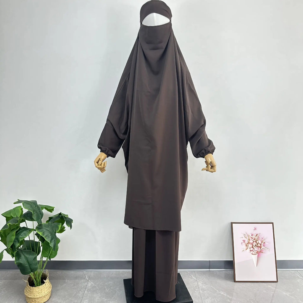 2PCS Women Eid Hooded Muslim Hijab Dress Set Prayer Garment Robes Abaya Khimar Full Cover Ramadan Gown Abayas Islamic Clothing