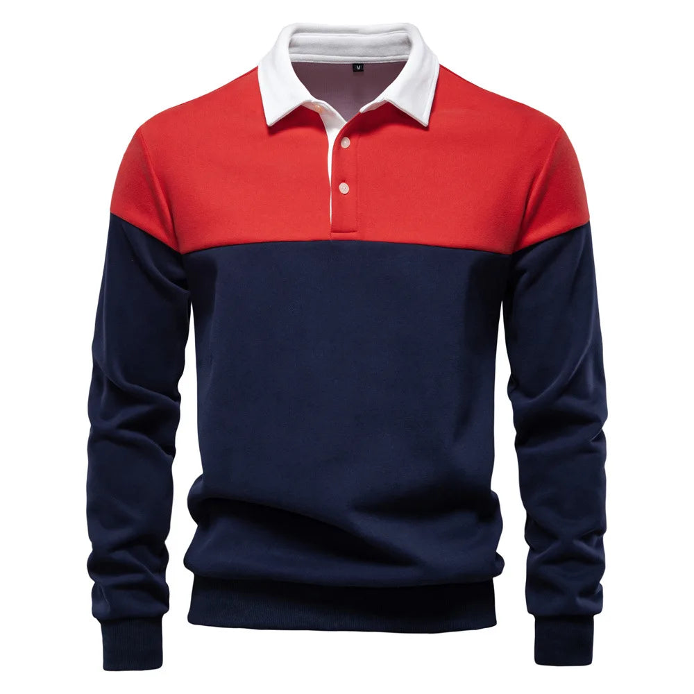 2025 New Arrival Long-Sleeve Polo-Collar Sweatshirt for Men, High-Quality Patchwork Casual Top