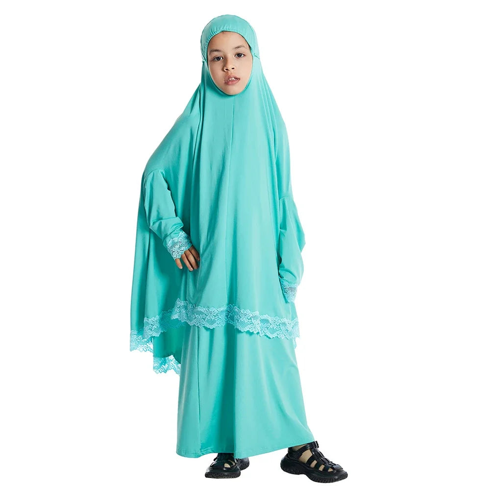 Muslim Kids Girls Hijab Dress Eid Djellaba Khimar Jalabiya Ramadan Skirt Set Prayer Garment Islam Burqa Abaya Robe Kaftan Hooded