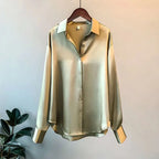 Women Autumn Shirt Vintage Satin Blouse Long Sleeve Button Down Silky Shirt Work Office Top Ladies Casual Shirt