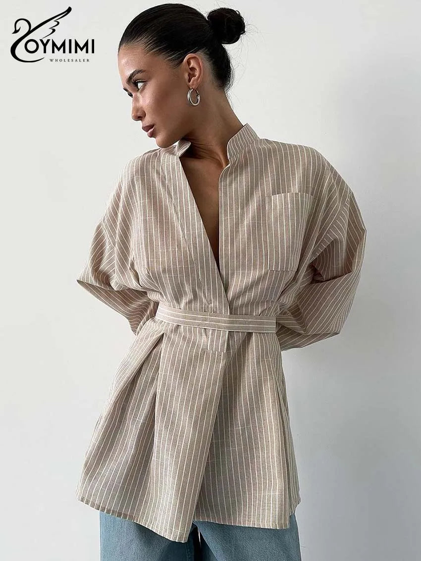 Oymimi Fashion Brown Striped Print Women Top Elegant Long Sleeve Pockets Lace-Up Blouses Spring Casual New Lapel Button Shirts