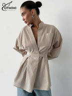 Oymimi Fashion Brown Striped Print Women Top Elegant Long Sleeve Pockets Lace-Up Blouses Spring Casual New Lapel Button Shirts