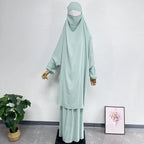 2PCS Women Eid Hooded Muslim Hijab Dress Set Prayer Garment Robes Abaya Khimar Full Cover Ramadan Gown Abayas Islamic Clothing