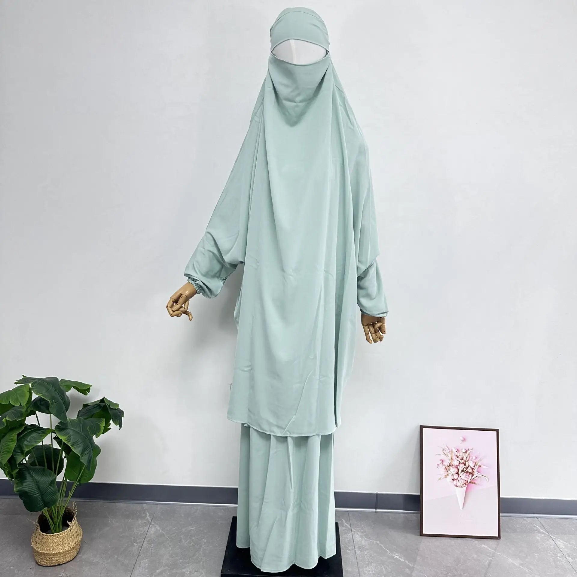 2PCS Women Eid Hooded Muslim Hijab Dress Set Prayer Garment Robes Abaya Khimar Full Cover Ramadan Gown Abayas Islamic Clothing