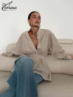 Oymimi Fashion Brown Striped Print Women Top Elegant Long Sleeve Pockets Lace-Up Blouses Spring Casual New Lapel Button Shirts