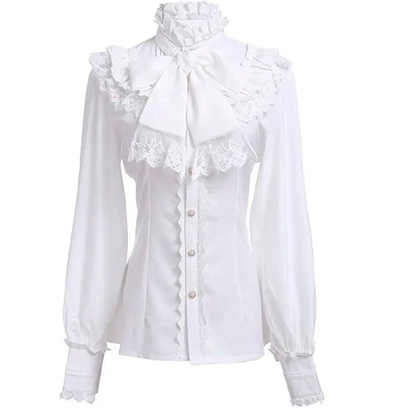 Zadily Women's Lolita Blouse Ruffle High Neck Lace Trim Big Bow Tie Puff Lantern Sleeves Fitted Waist Vintage Elegant Party Top