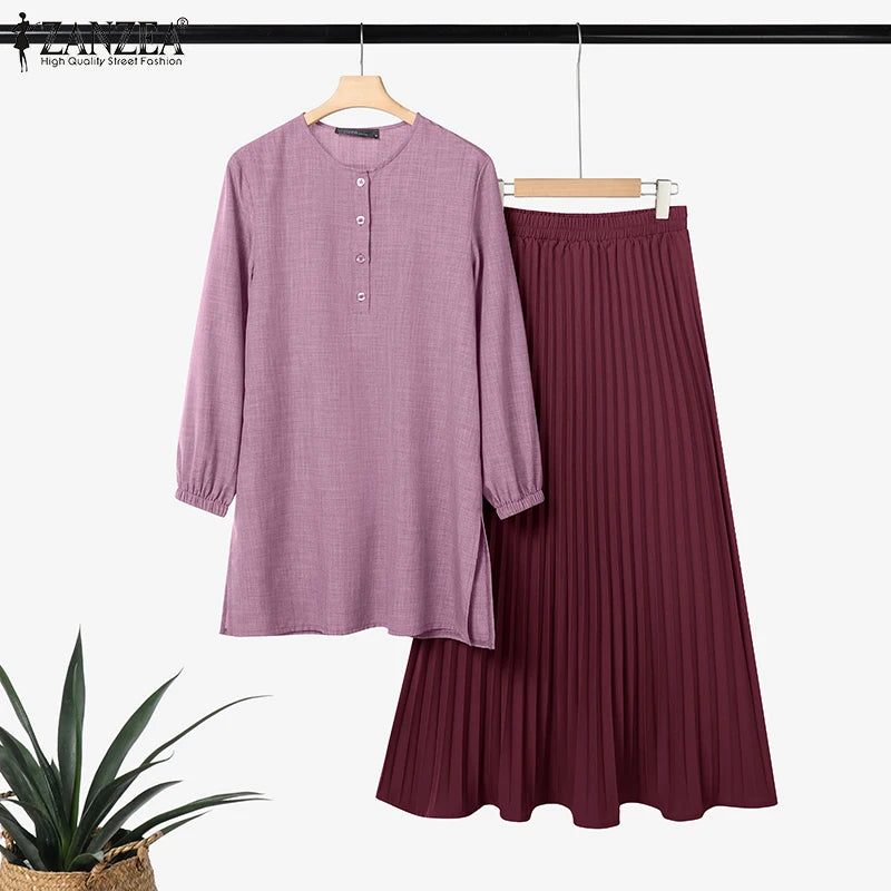 ZANZEA Muslim Autumn Two Piece Sets Women Outfits Abaya Suit Dubai Hijab Tracksuit 2025 Casual Long Sleeve Long Tops Dress Sets