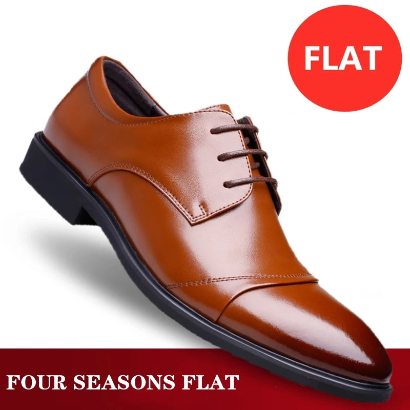 Flat / 6CM Genuine Leather Men Formal Elevator Shoes Wedding Business Height Increase Lift Shoes Invisible Summer Hollow Wedding