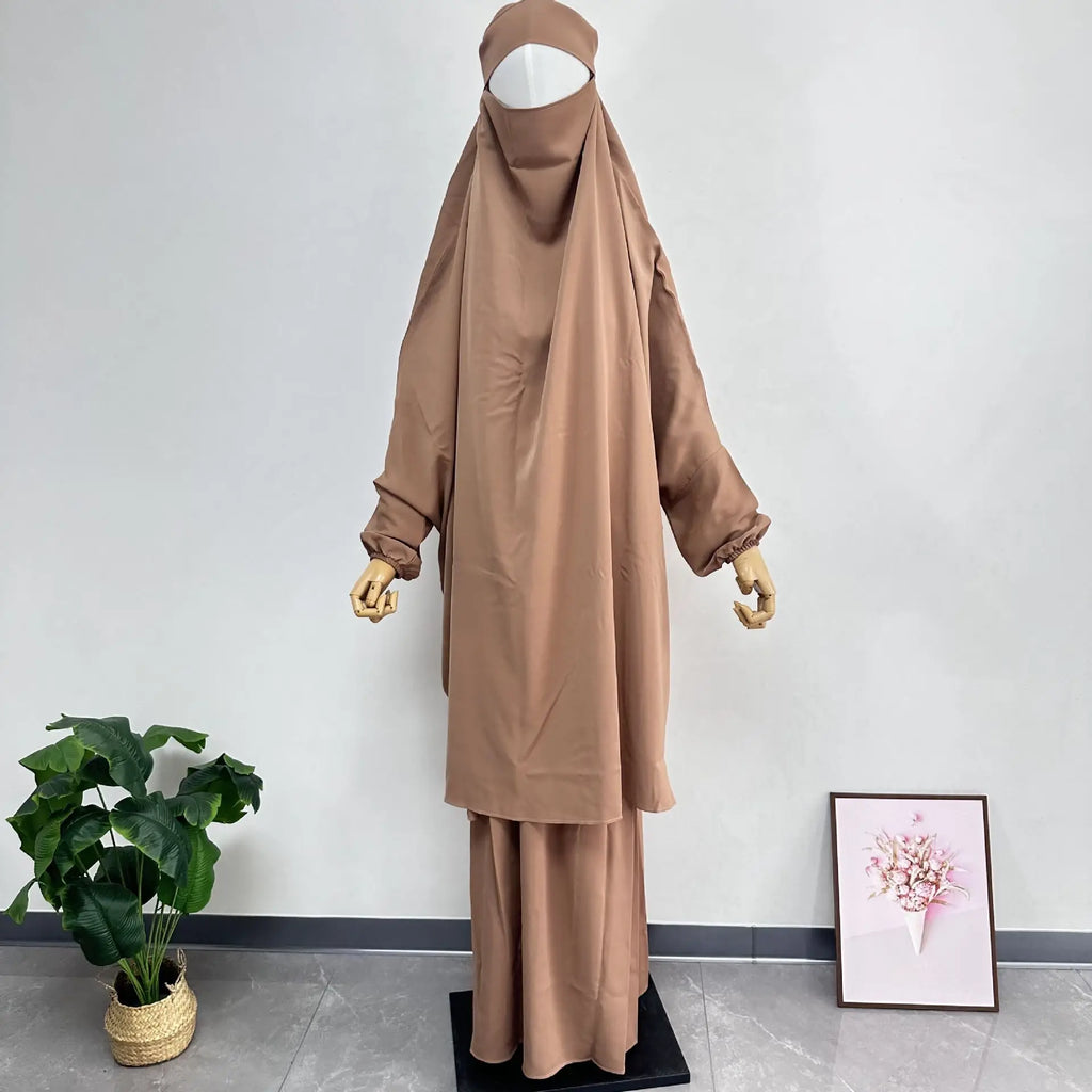 2PCS Women Eid Hooded Muslim Hijab Dress Set Prayer Garment Robes Abaya Khimar Full Cover Ramadan Gown Abayas Islamic Clothing