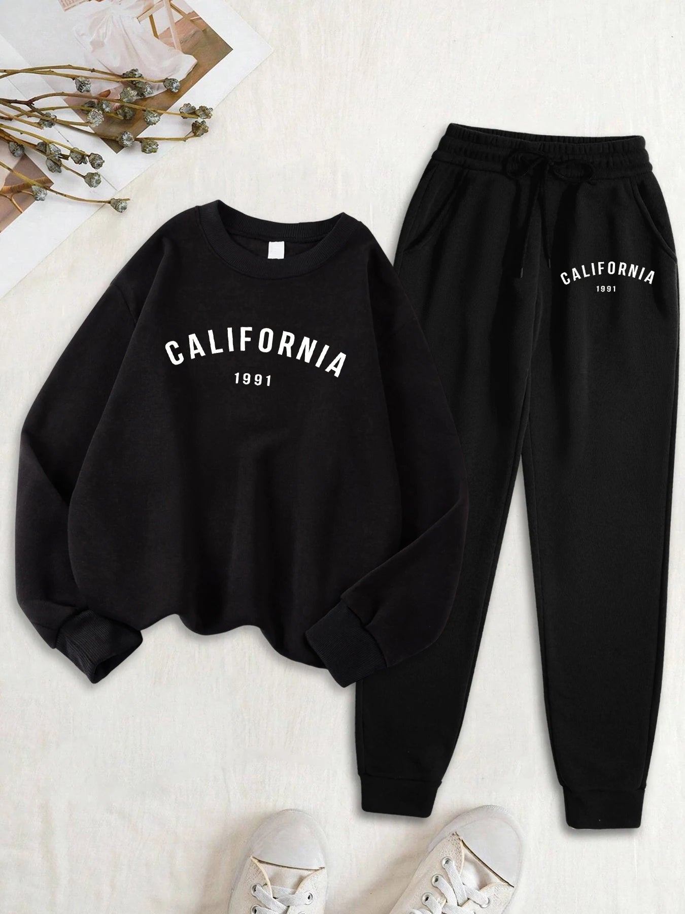Califirnia Letter 1991 Print Women Soft Sweatshirt Set Street O-Neck Tracksuit Autumn All-Match Clothes Casual Fleece Sweatpant