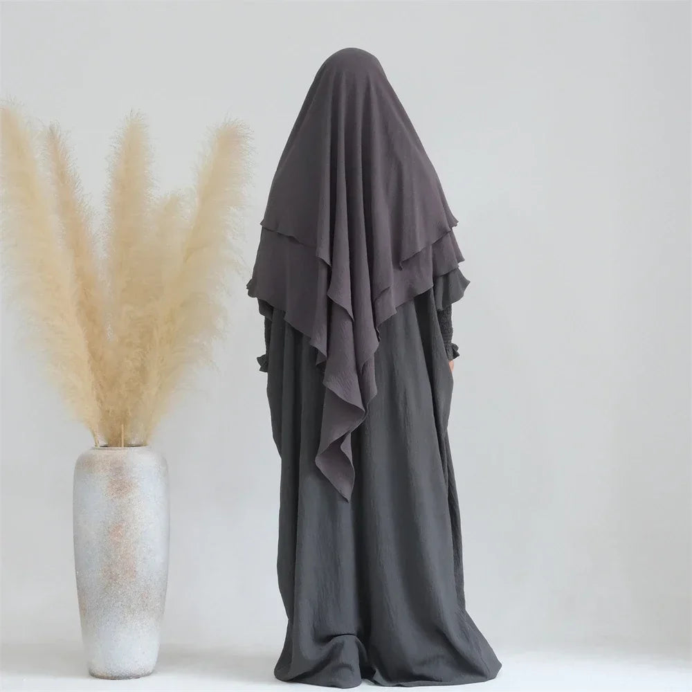 2PCS Muslim Women 2 Layer Hijab Dress Set Islamic Clothing Dubai Turkey Abaya Kaftan Eid Ramadan Djellaba Burqa Khimar Jalabiya
