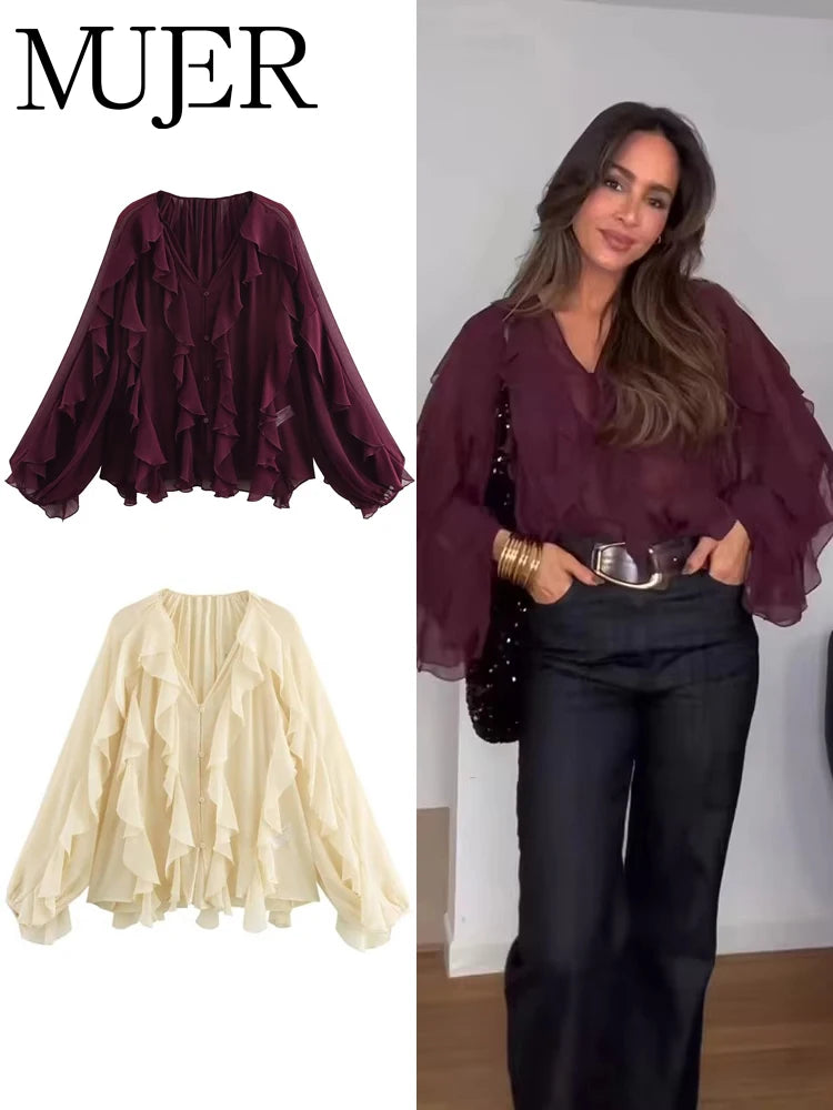MUJER 2025 Ruffle Blouses for Women Semi Sheer Shirts and Blouses Woman Summer Casual Blouses Woman Fashion Tops Womens Blouses