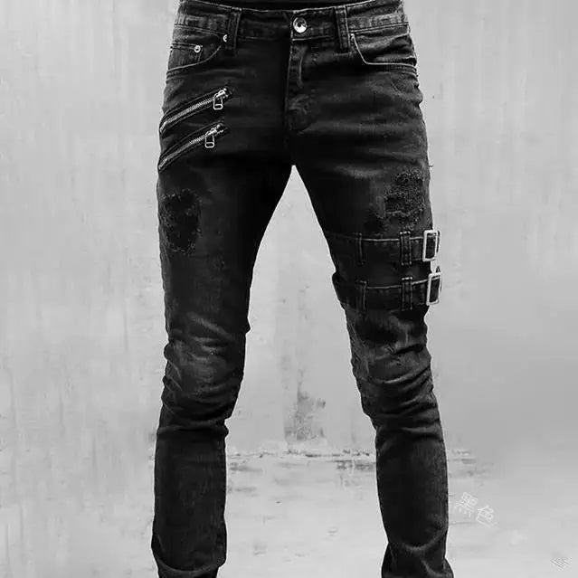 2025 New Men Slim Biker Ripped Long Denim Trousers Skinny Jeans Side Straps Zips Male Jogging Pants Destroyed Stretchy Pants