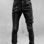 2025 New Men Slim Biker Ripped Long Denim Trousers Skinny Jeans Side Straps Zips Male Jogging Pants Destroyed Stretchy Pants