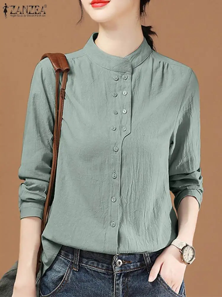 ZANZEA Chinese Style Vintage Blouse 2025 Office Long Sleeve Shirt Fashion Autumn Women Double Breasted Top Casual Oversize Blusa