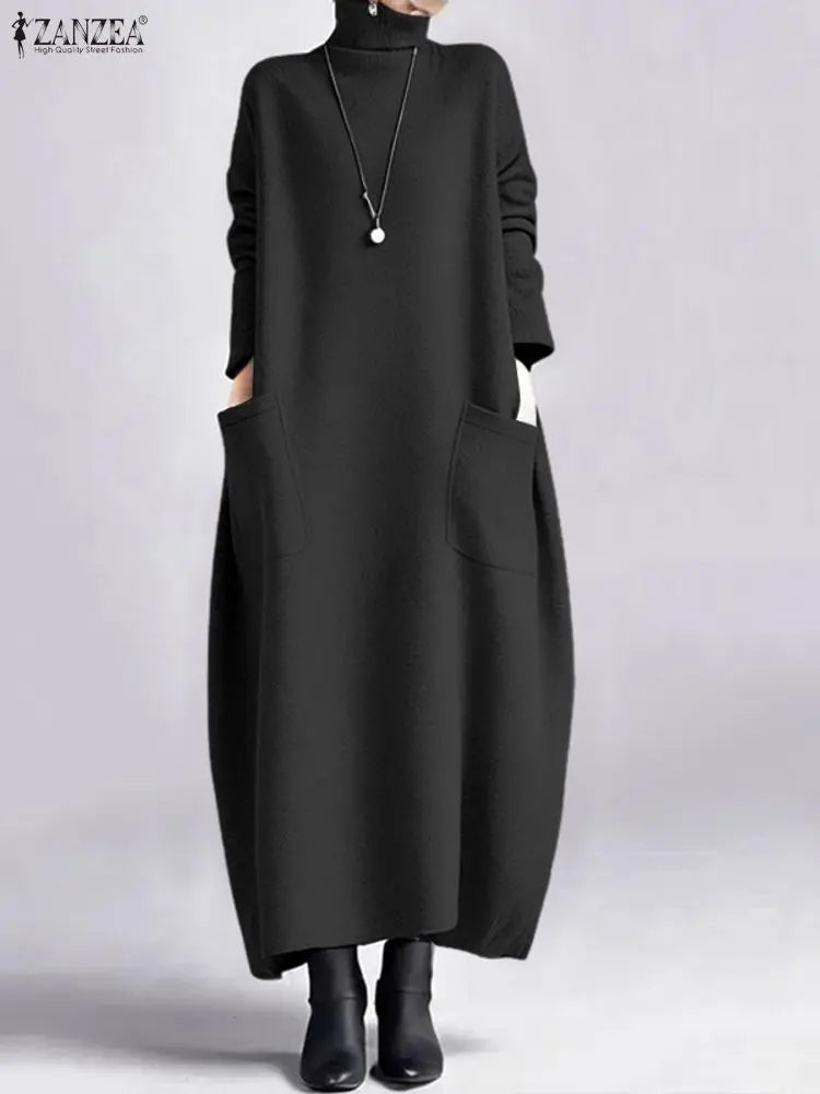 ZANZEA Fashion Sweatshirt Dress Women Casual Turtleneck Long Sleeve Solid A-Line Midi Dresses for Woman FW 2025 Cozy Warm Robes
