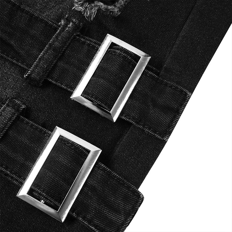 2025 New Men Slim Biker Ripped Long Denim Trousers Skinny Jeans Side Straps Zips Male Jogging Pants Destroyed Stretchy Pants