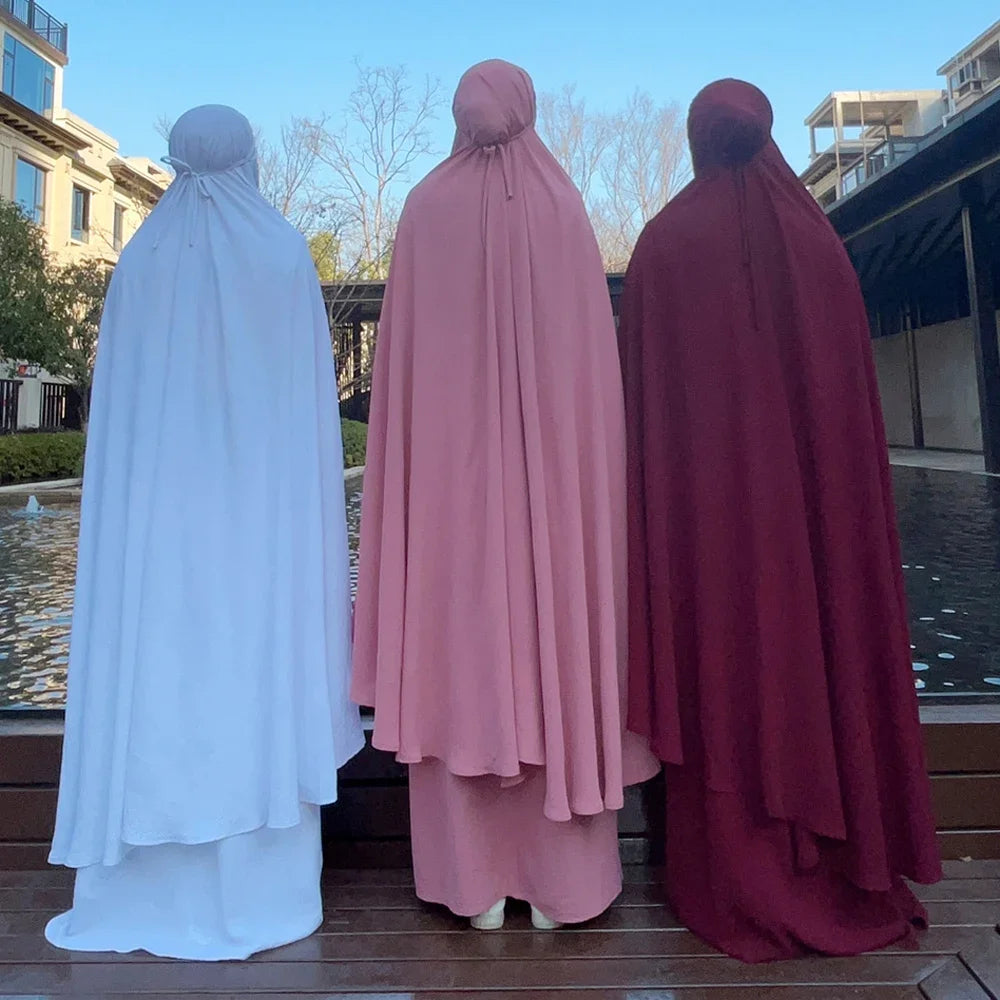 2PCS Muslim Women Modest Prayer Dress Eid Khimar Djellaba Abaya Overhead Burqa Robe Dubai Turkish Robe Kaftan Islamic Clothing