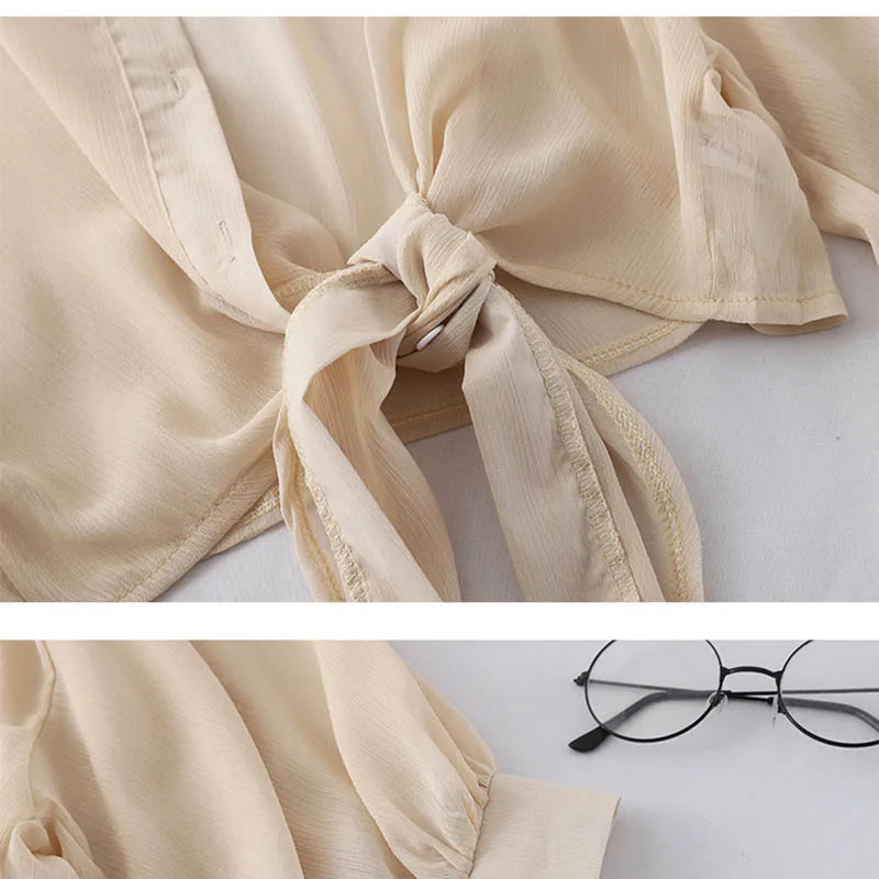 2025 Summer Half Sleeve Buttoned Up Shirt Loose Casual Blouse Chiffon Shirts Women Tied Waist Elegant Blouses for Women 9776
