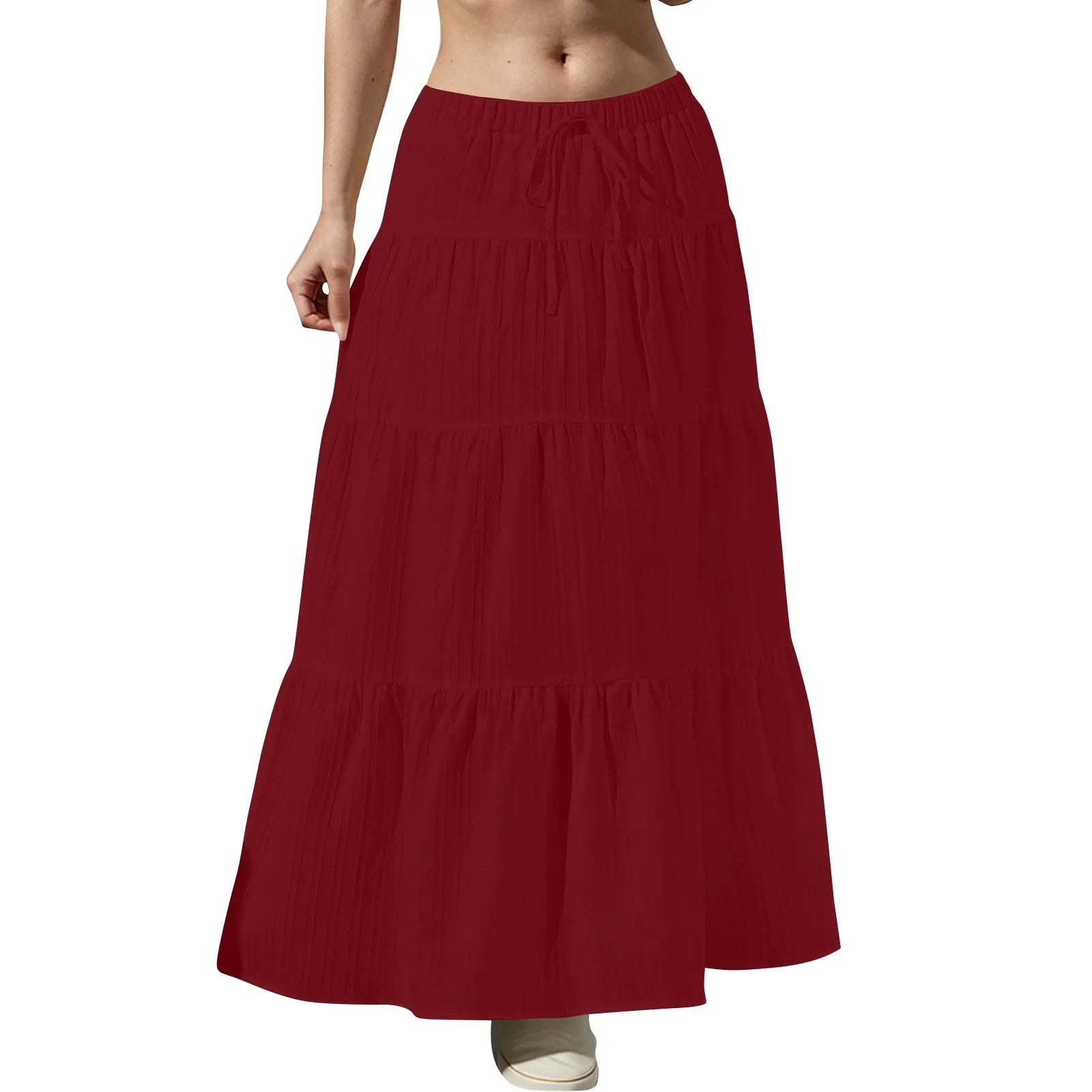 Fashion Women's Flared Ruffle Hem Women Solid Long Skirts Elastic Waist Elegant Long Skirt Spring Autumn Cake Dress Maxi Skirt