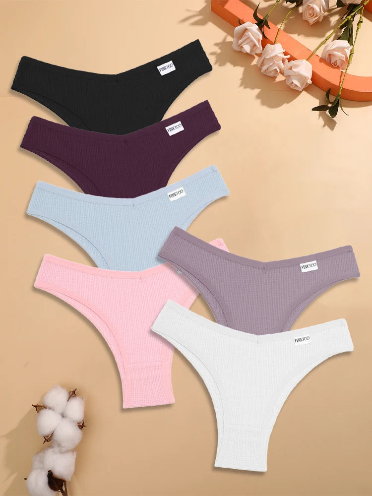 6PCS/Set Cotton Waffle Underwear for Women Sexy Low-Waist Brazilian Panties Female Breathable Solid Color Soft Lingerie Bikini