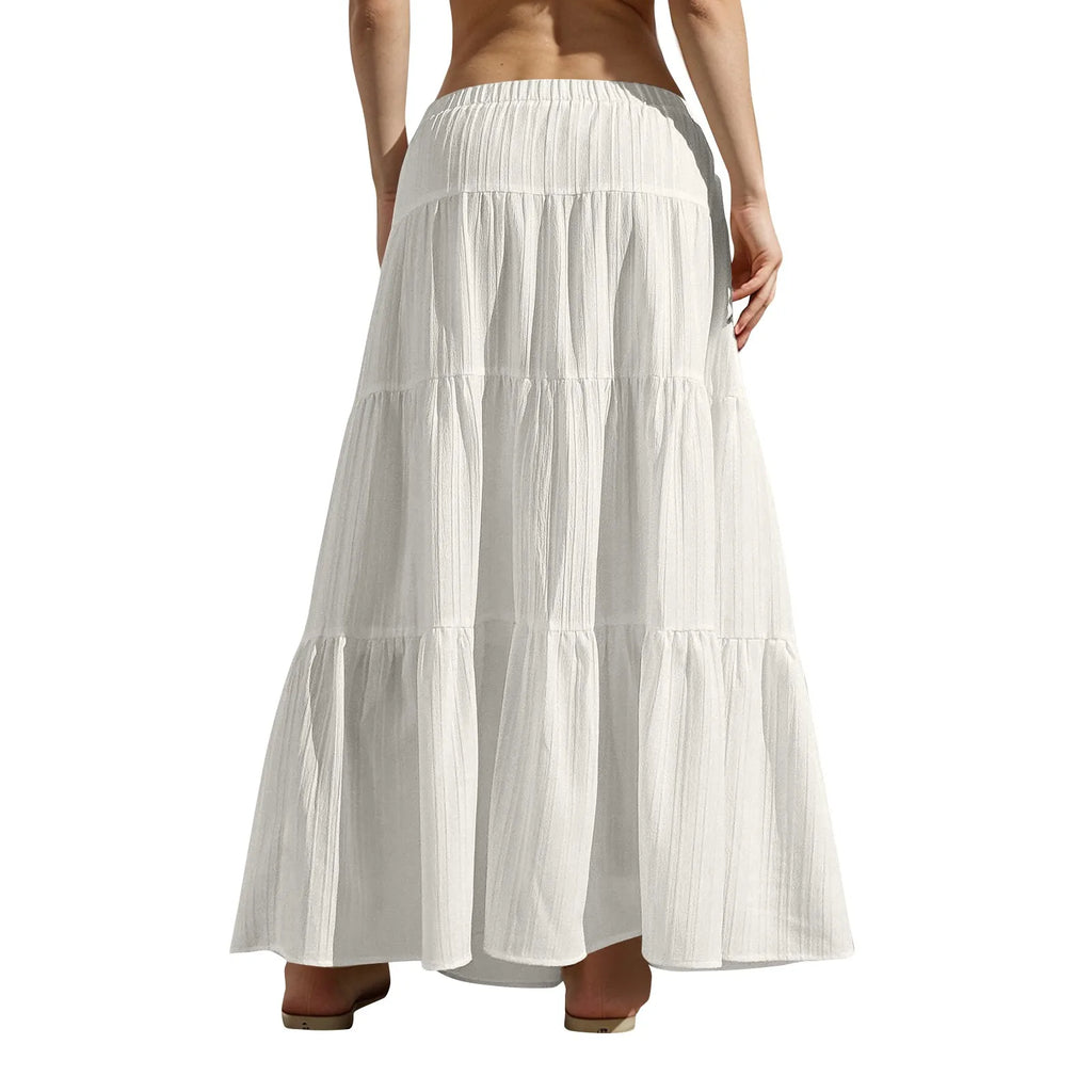 Fashion Women's Flared Ruffle Hem Women Solid Long Skirts Elastic Waist Elegant Long Skirt Spring Autumn Cake Dress Maxi Skirt