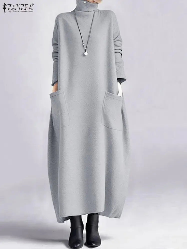 ZANZEA Fashion Sweatshirt Dress Women Casual Turtleneck Long Sleeve Solid A-Line Midi Dresses for Woman FW 2025 Cozy Warm Robes