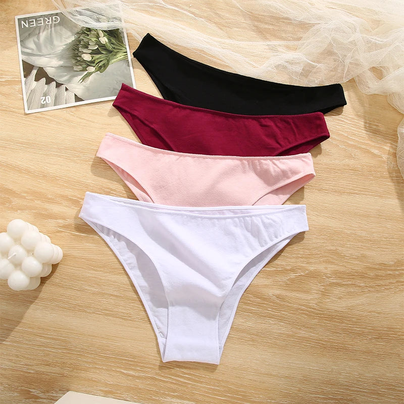 FINETOO 4Pcs Cotton High Cut Briefs Low Waist Lingerie Women Thin Comfortable Sexy Underwear Soft Stretch Basic Panties M-XXL