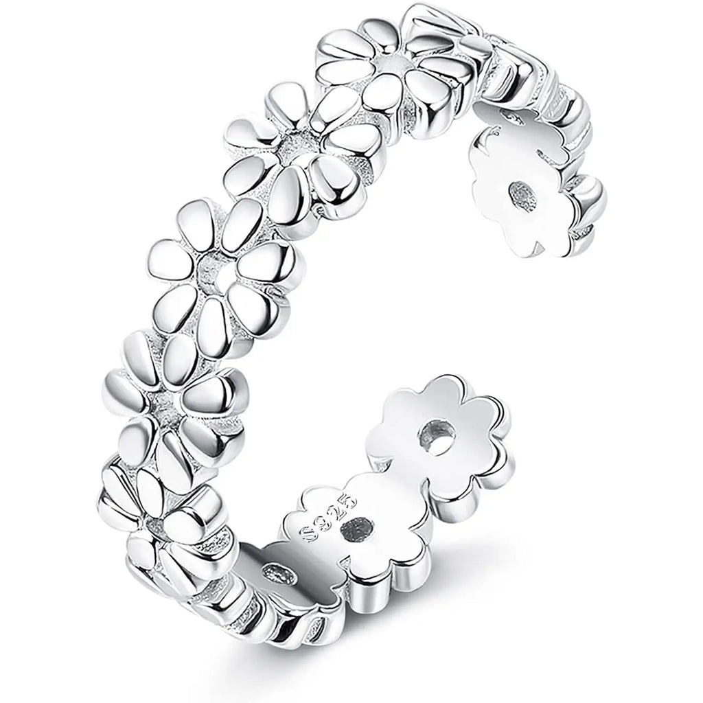 Fansilver S925 Sterling Silver Toe Rings for Women Adjustable White Gold Plated Flower Summer Beach Open Toe Rings Foot Jewelry