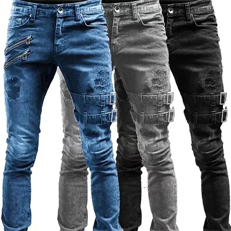 2025 New Men Slim Biker Ripped Long Denim Trousers Skinny Jeans Side Straps Zips Male Jogging Pants Destroyed Stretchy Pants