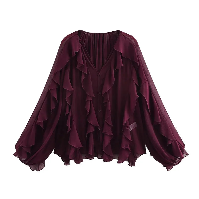 MUJER 2025 Ruffle Blouses for Women Semi Sheer Shirts and Blouses Woman Summer Casual Blouses Woman Fashion Tops Womens Blouses