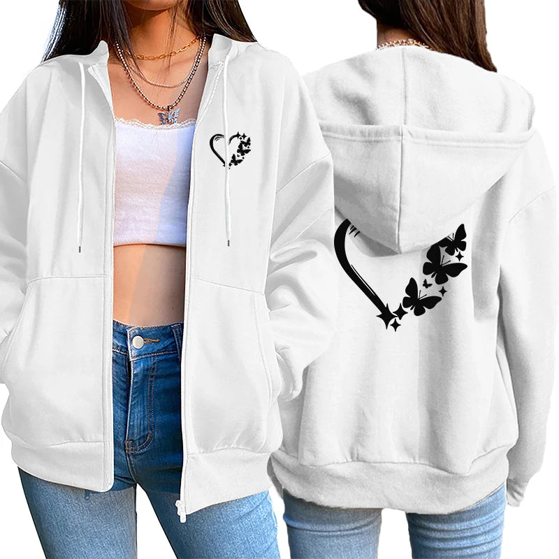 Fashion Womens Hoodies Coat Heart Printed Casual Zipper Jacket Jogging Sweatpants Daily Sports Clothing 2025 Quality Streetwear
