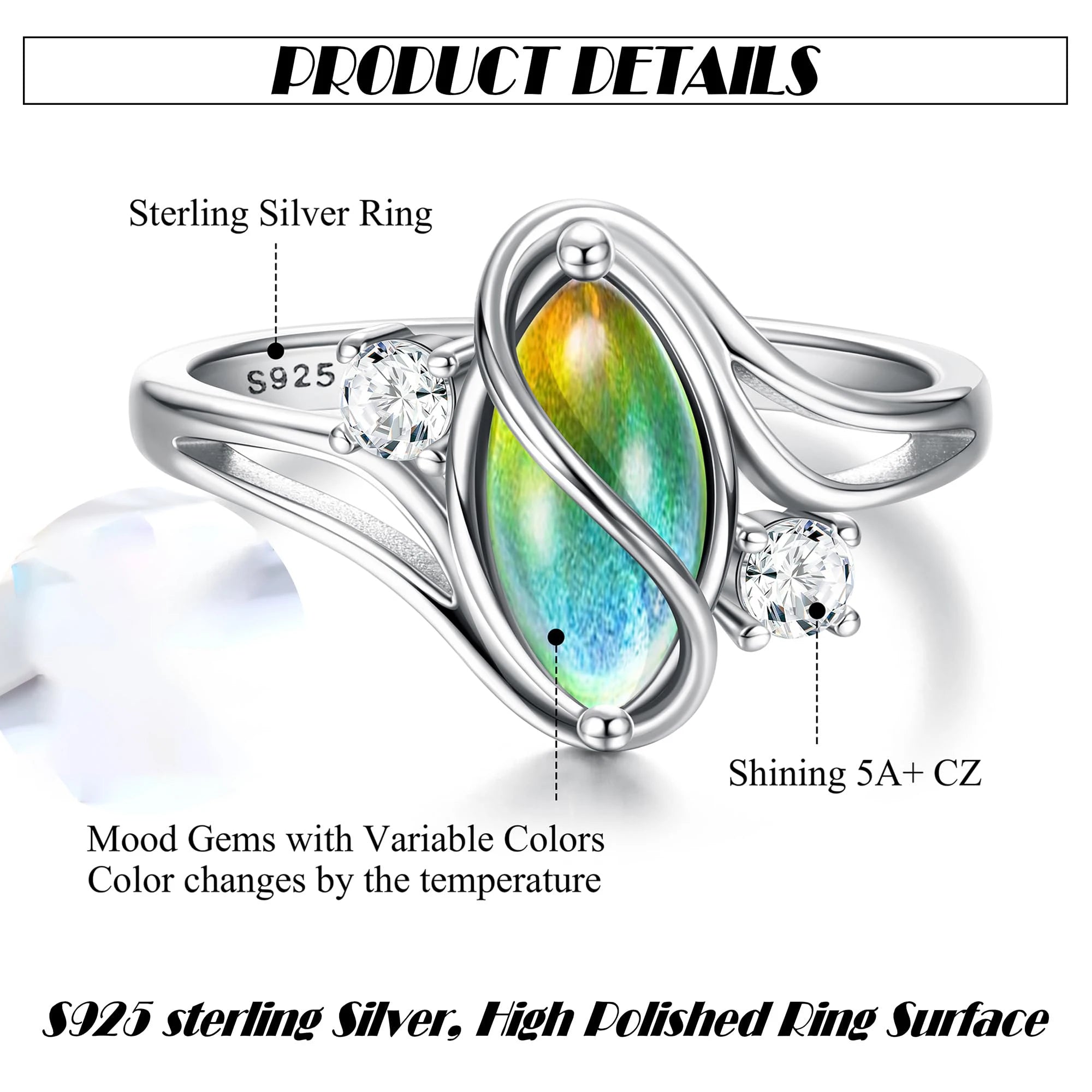 Fansilver 925 Sterling Silver Mood Rings for Women Cubic Zirconia Accents 18K Gold Plated Oval Moonstone Statement Silver Rings