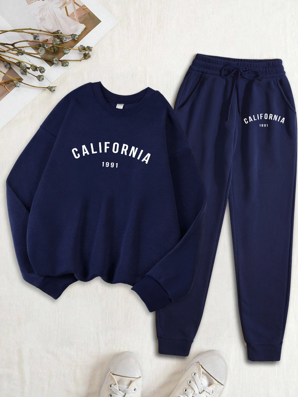 Califirnia Letter 1991 Print Women Soft Sweatshirt Set Street O-Neck Tracksuit Autumn All-Match Clothes Casual Fleece Sweatpant