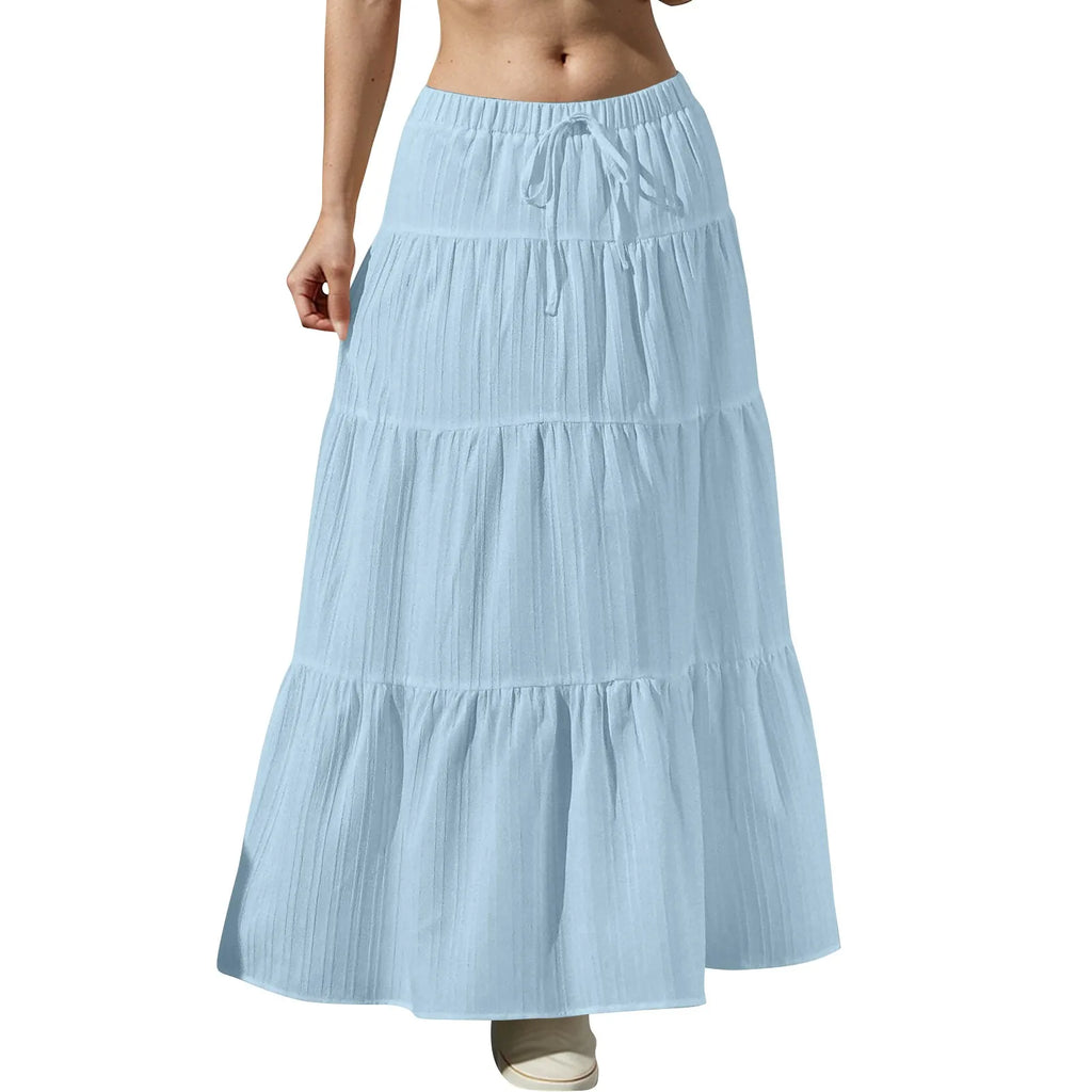 Fashion Women's Flared Ruffle Hem Women Solid Long Skirts Elastic Waist Elegant Long Skirt Spring Autumn Cake Dress Maxi Skirt